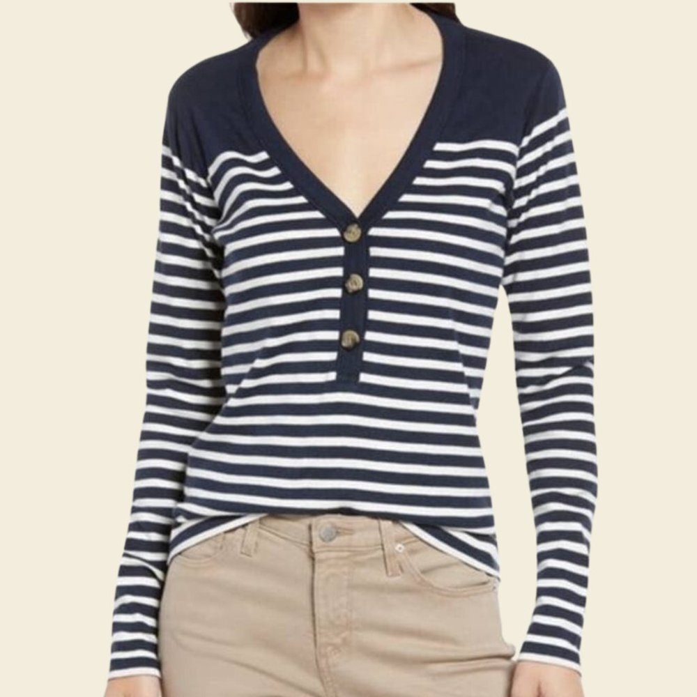 La Ligne Henley Navy White Striped Long Sleeve V-Neck Pullover Size Small